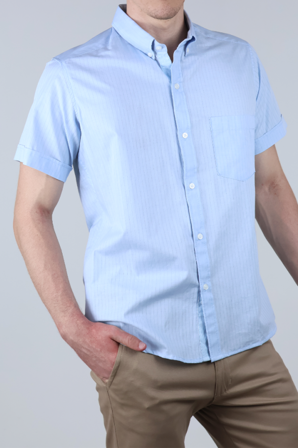 Camisa Manga Corta Corte Recto de Algodón Hombre Y Bolsillo Azul Cielo
